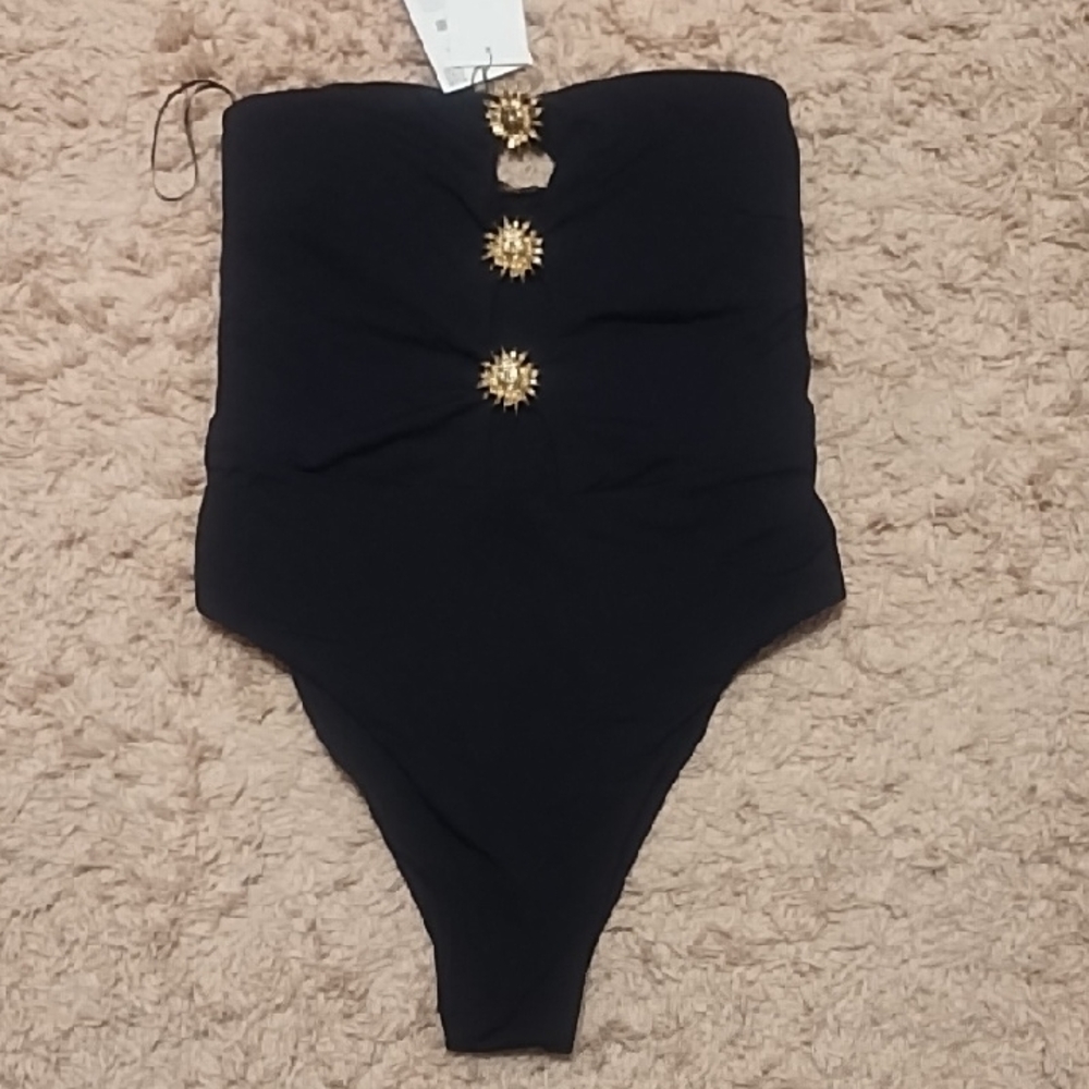 Zara Black Strapless One-Piece with Gold Sunburst Accents